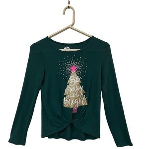 WOMENS CHRISTMAS TOP WITH GLITZY EMBELLISHMENT AND TIE UP FRONT GREEN SI…
